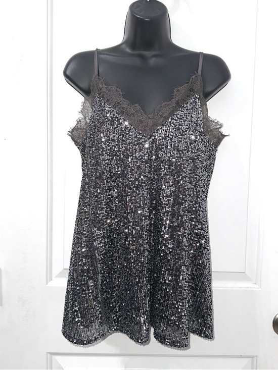 white birch Tops - White Birch Grey Sequined Tank top with lace trim, size small
